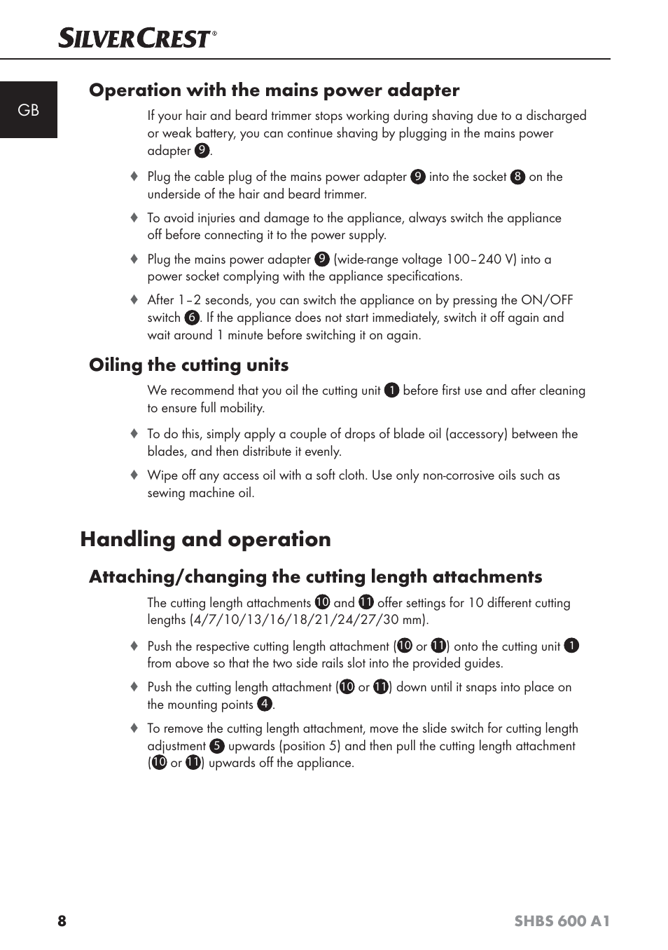 Handling and operation, Operation with the mains power adapter, Oiling the cutting units | Attaching/changing the cutting length attachments | Silvercrest SHBS 600 A1 User Manual | Page 11 / 102