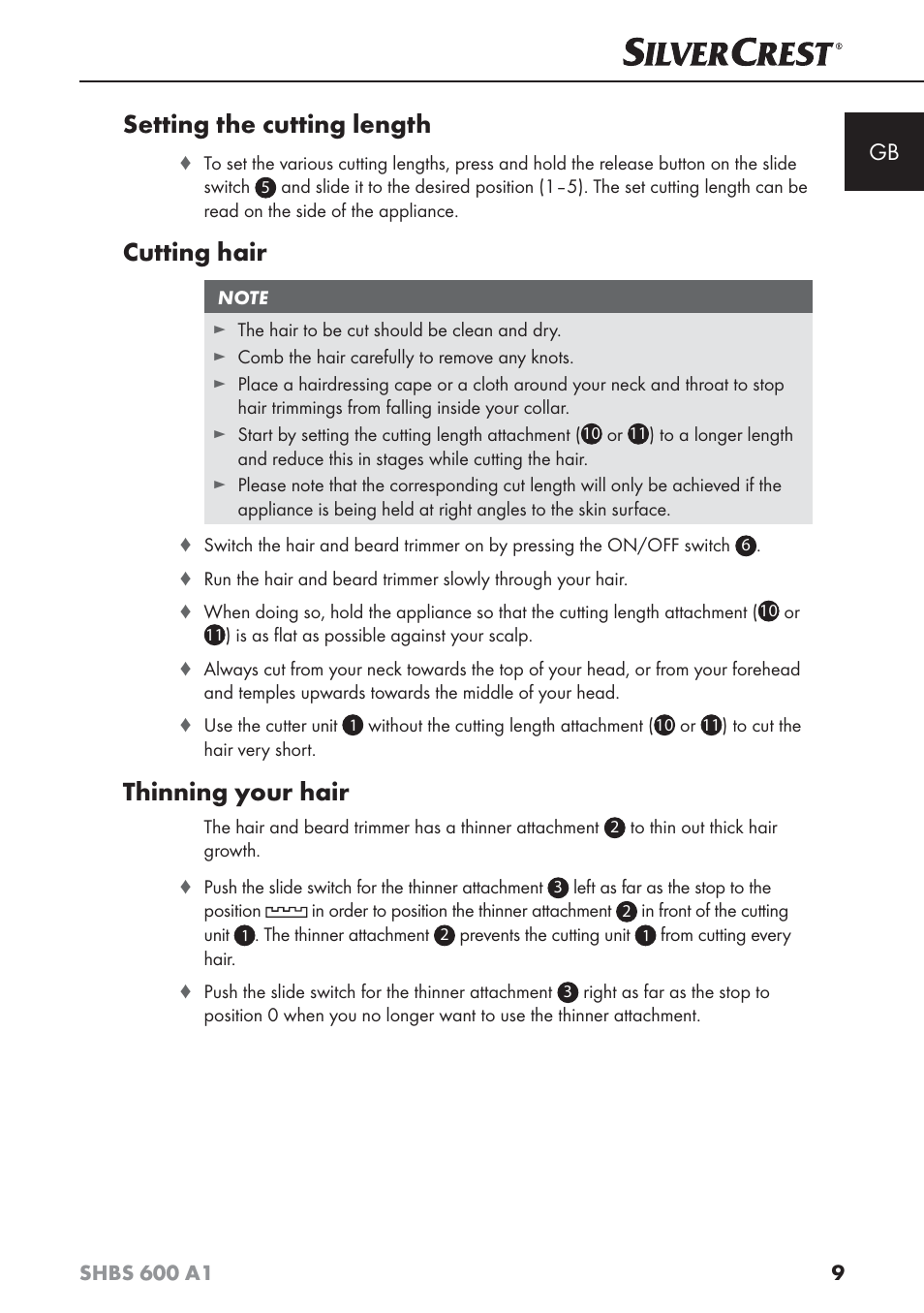 Setting the cutting length, Cutting hair, Thinning your hair | Silvercrest SHBS 600 A1 User Manual | Page 12 / 102