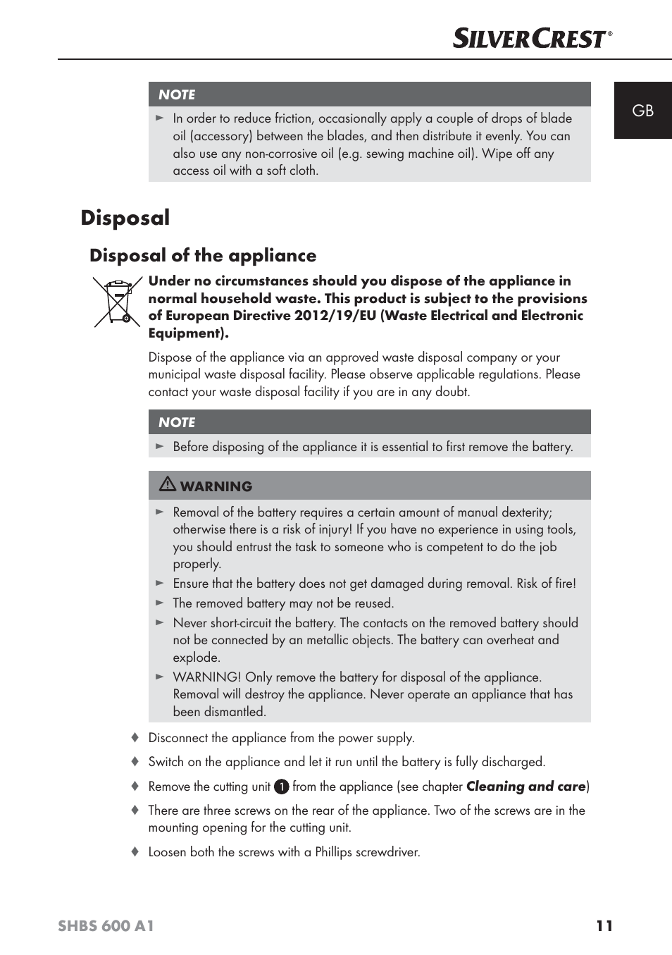 Disposal, Disposal of the appliance | Silvercrest SHBS 600 A1 User Manual | Page 14 / 102