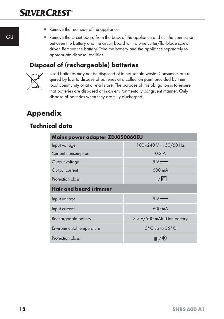 Appendix, Disposal of (rechargeable) batteries, Technical data | Silvercrest SHBS 600 A1 User Manual | Page 15 / 102