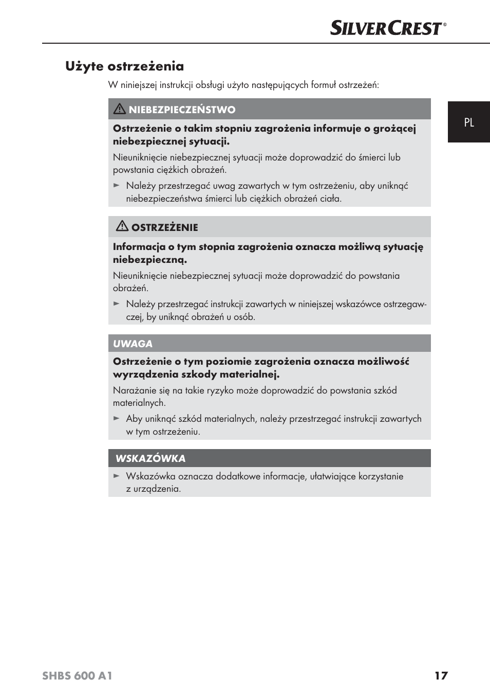 Użyte ostrzeżenia | Silvercrest SHBS 600 A1 User Manual | Page 20 / 102