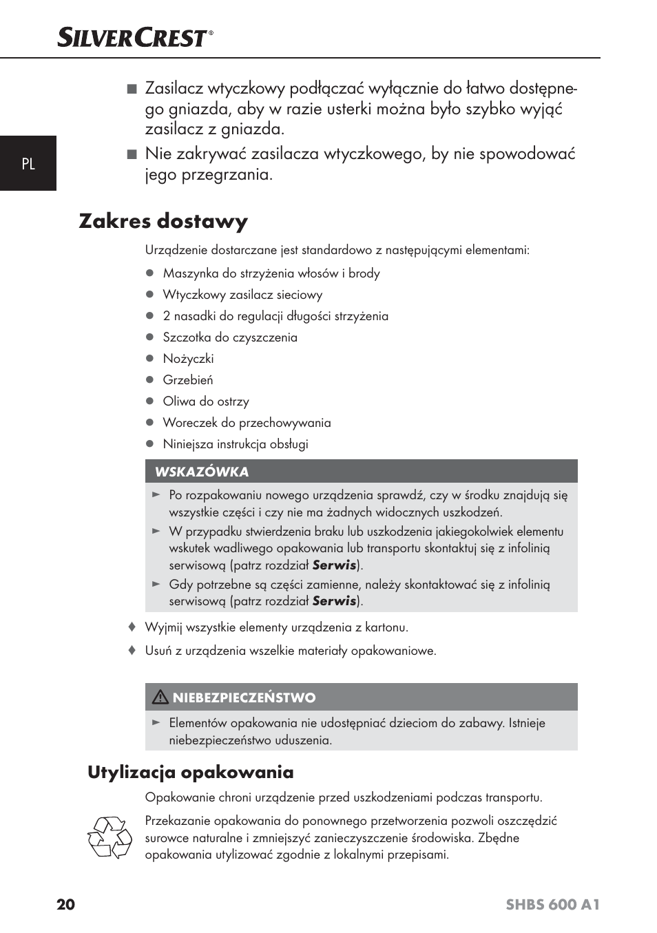 Zakres dostawy, Utylizacja opakowania | Silvercrest SHBS 600 A1 User Manual | Page 23 / 102