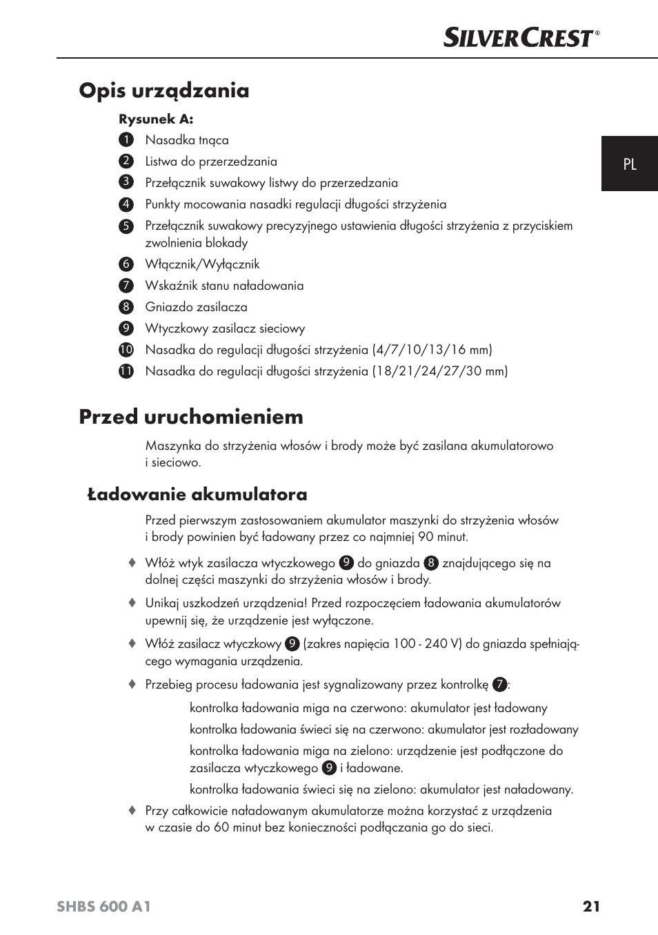 Opis urządzania, Przed uruchomieniem, Ładowanie akumulatora | Silvercrest SHBS 600 A1 User Manual | Page 24 / 102