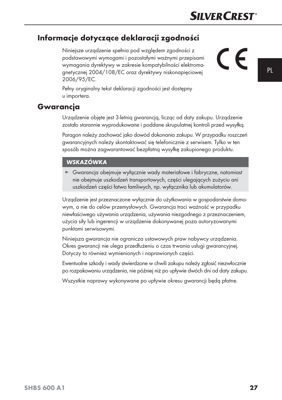 Informacje dotyczące deklaracji zgodności, Gwarancja | Silvercrest SHBS 600 A1 User Manual | Page 30 / 102