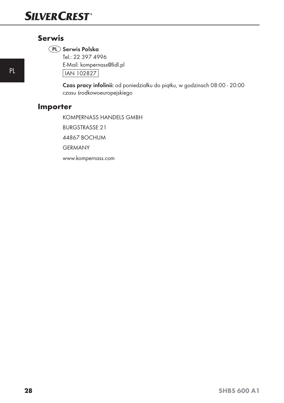 Serwis, Importer | Silvercrest SHBS 600 A1 User Manual | Page 31 / 102