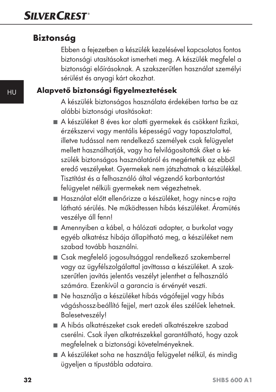 Biztonság | Silvercrest SHBS 600 A1 User Manual | Page 35 / 102