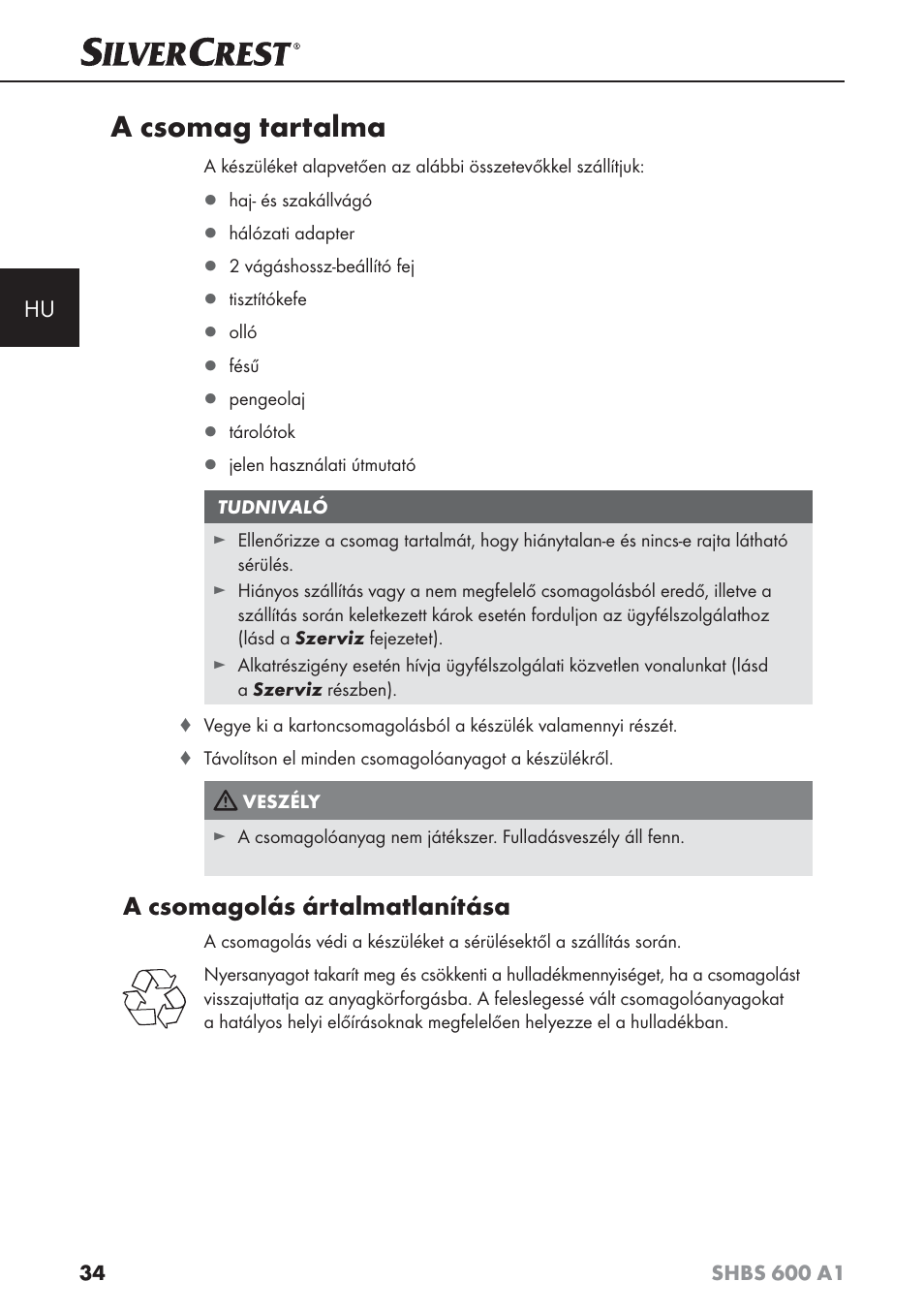 A csomag tartalma, A csomagolás ártalmatlanítása | Silvercrest SHBS 600 A1 User Manual | Page 37 / 102