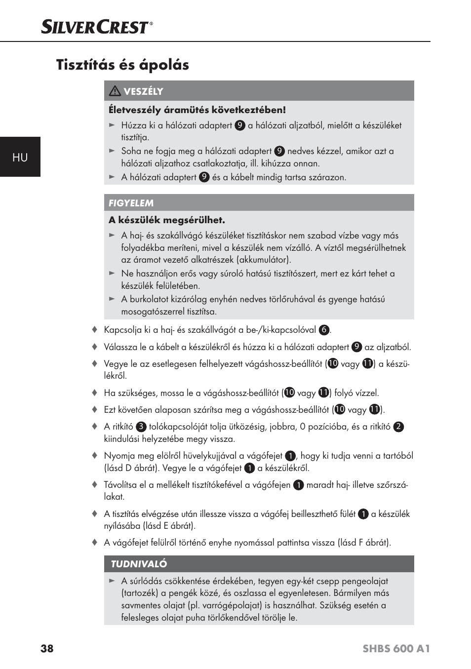 Tisztítás és ápolás | Silvercrest SHBS 600 A1 User Manual | Page 41 / 102