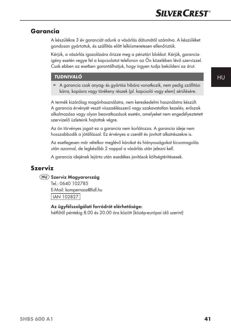 Garancia, Szerviz | Silvercrest SHBS 600 A1 User Manual | Page 44 / 102
