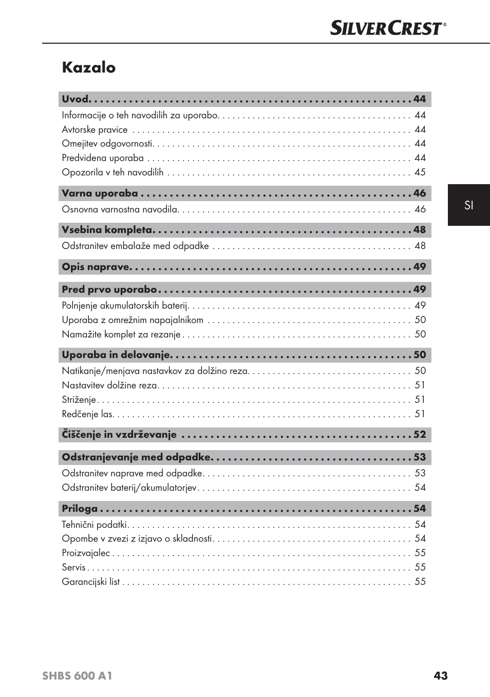 Kazalo | Silvercrest SHBS 600 A1 User Manual | Page 46 / 102