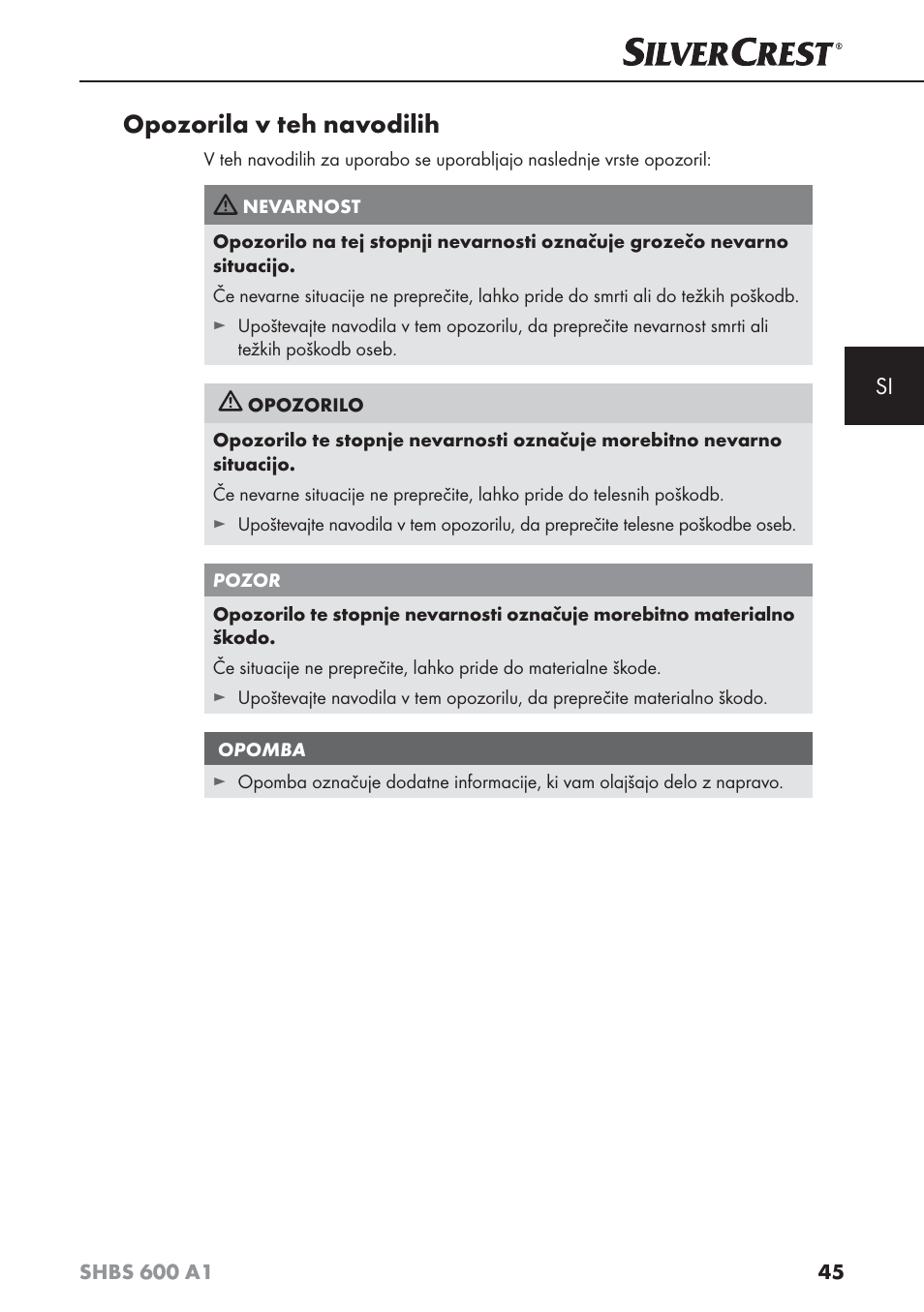 Opozorila v teh navodilih | Silvercrest SHBS 600 A1 User Manual | Page 48 / 102