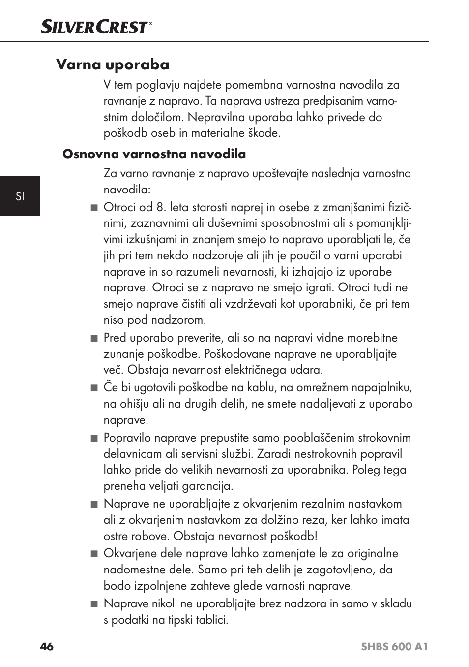 Varna uporaba | Silvercrest SHBS 600 A1 User Manual | Page 49 / 102