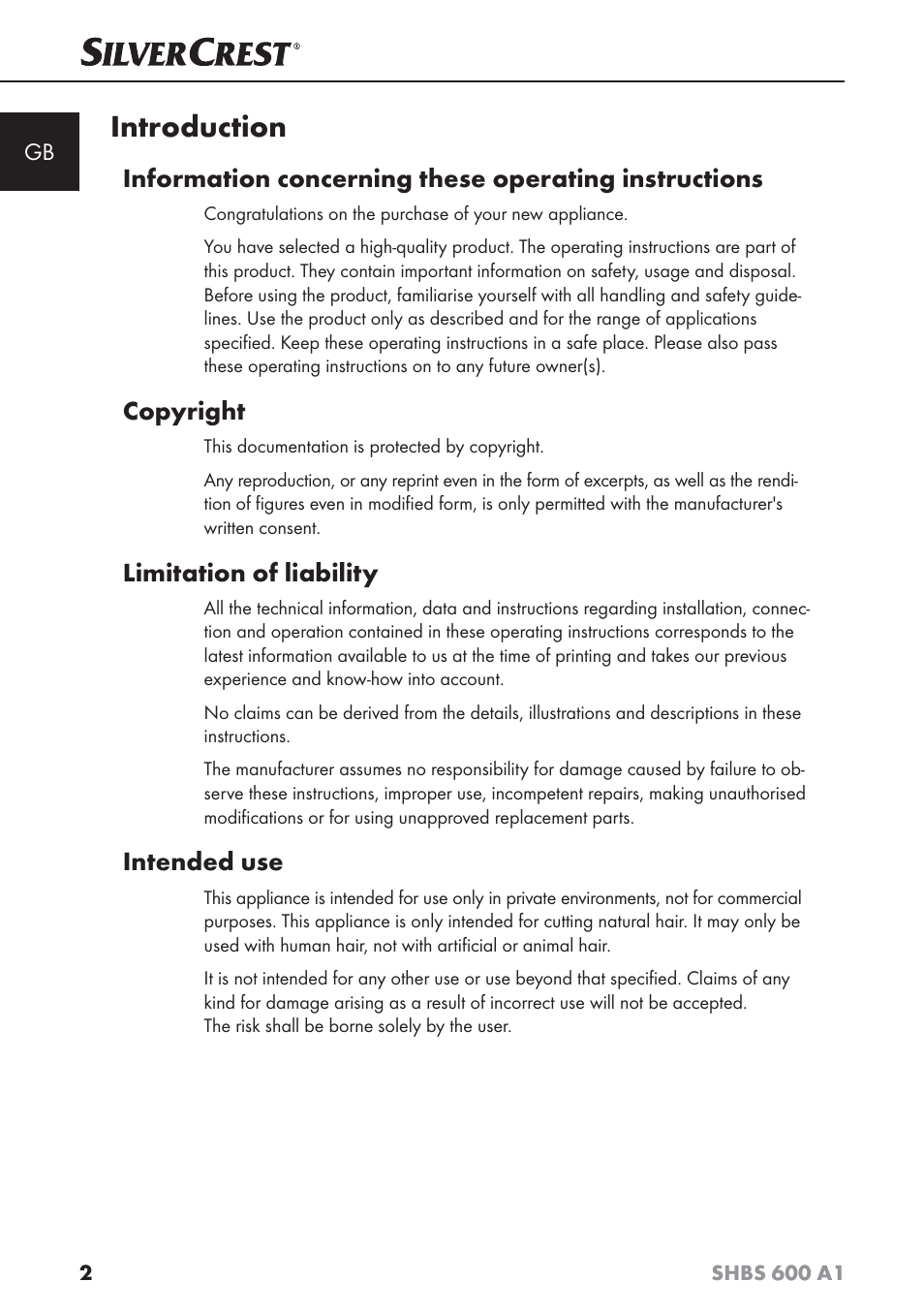 Introduction, Copyright, Limitation of liability | Intended use | Silvercrest SHBS 600 A1 User Manual | Page 5 / 102