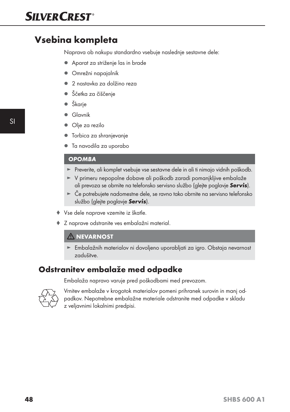 Vsebina kompleta, Odstranitev embalaže med odpadke | Silvercrest SHBS 600 A1 User Manual | Page 51 / 102