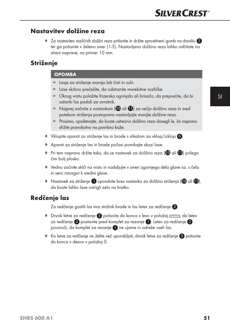 Nastavitev dolžine reza, Striženje, Redčenje las | Silvercrest SHBS 600 A1 User Manual | Page 54 / 102