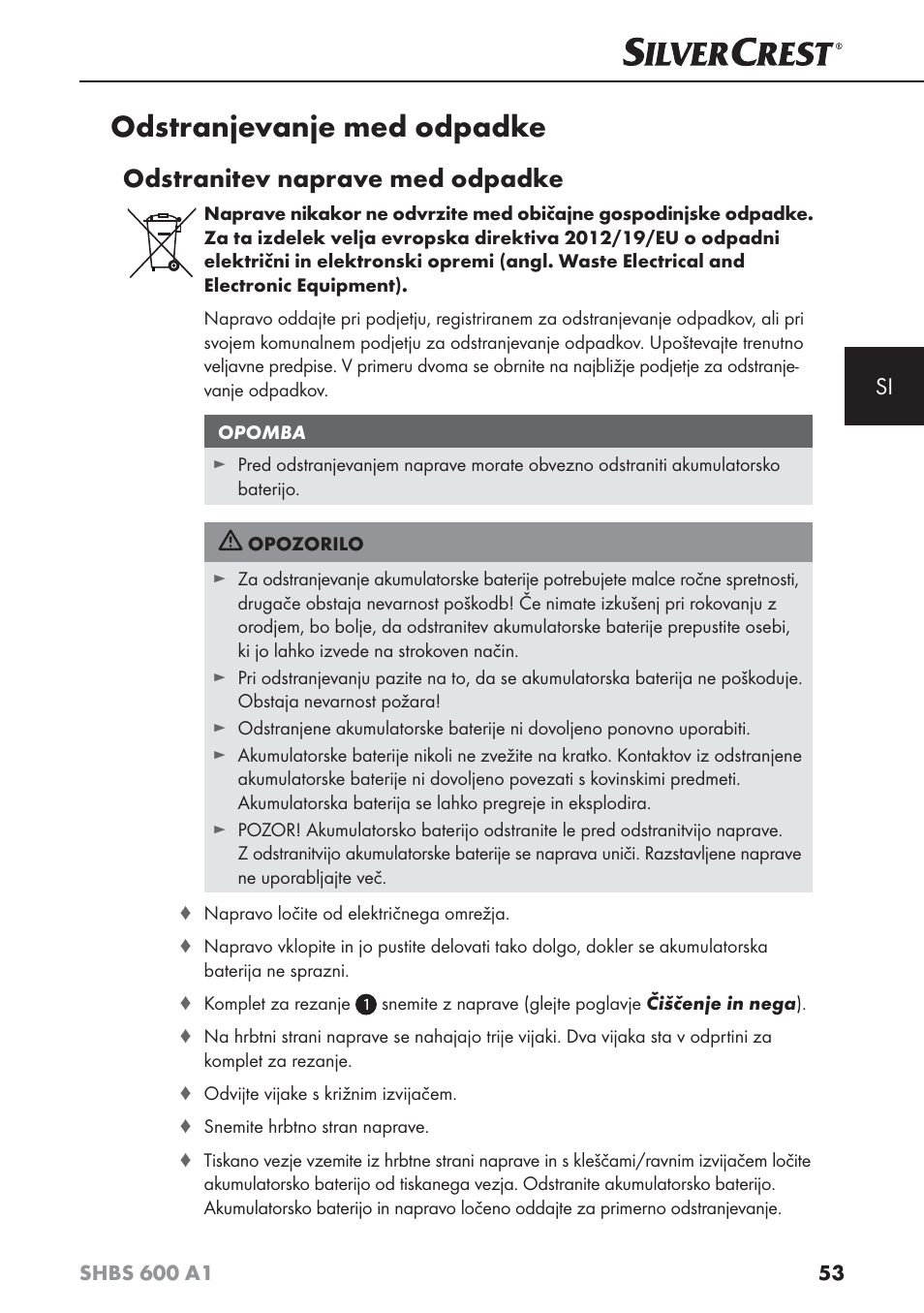 Odstranjevanje med odpadke, Odstranitev naprave med odpadke | Silvercrest SHBS 600 A1 User Manual | Page 56 / 102
