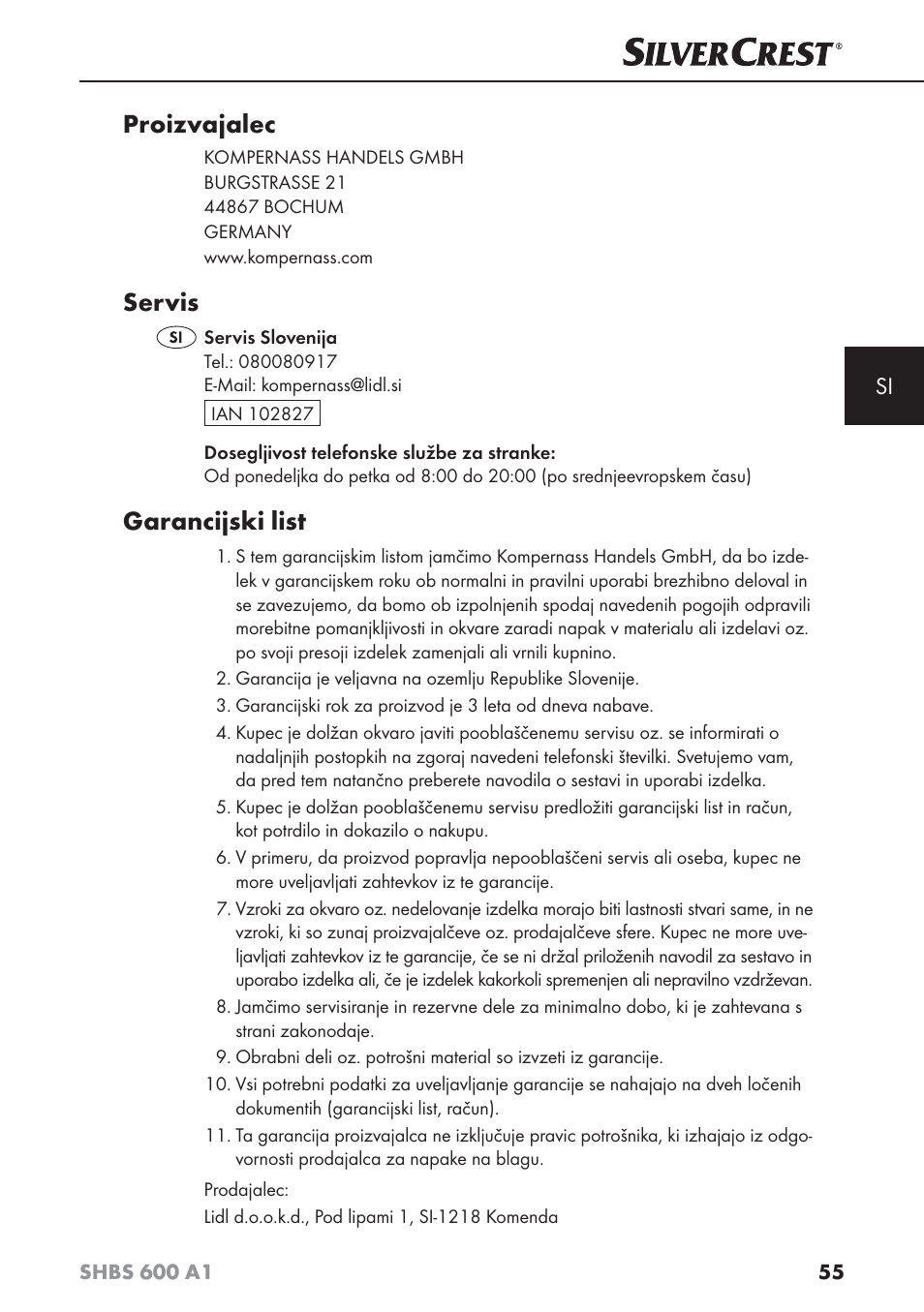 Proizvajalec, Servis, Garancijski list | Silvercrest SHBS 600 A1 User Manual | Page 58 / 102