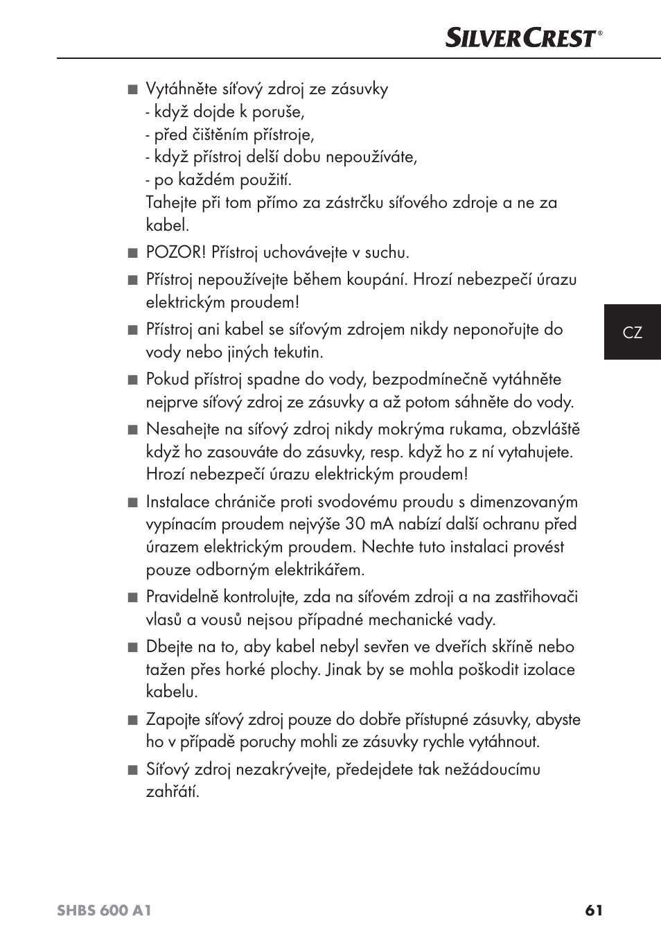 Pozor! přístroj uchovávejte v suchu | Silvercrest SHBS 600 A1 User Manual | Page 64 / 102