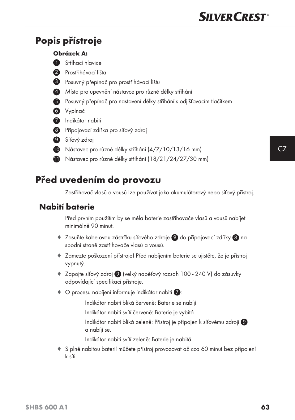 Popis přístroje, Před uvedením do provozu, Nabití baterie | Silvercrest SHBS 600 A1 User Manual | Page 66 / 102