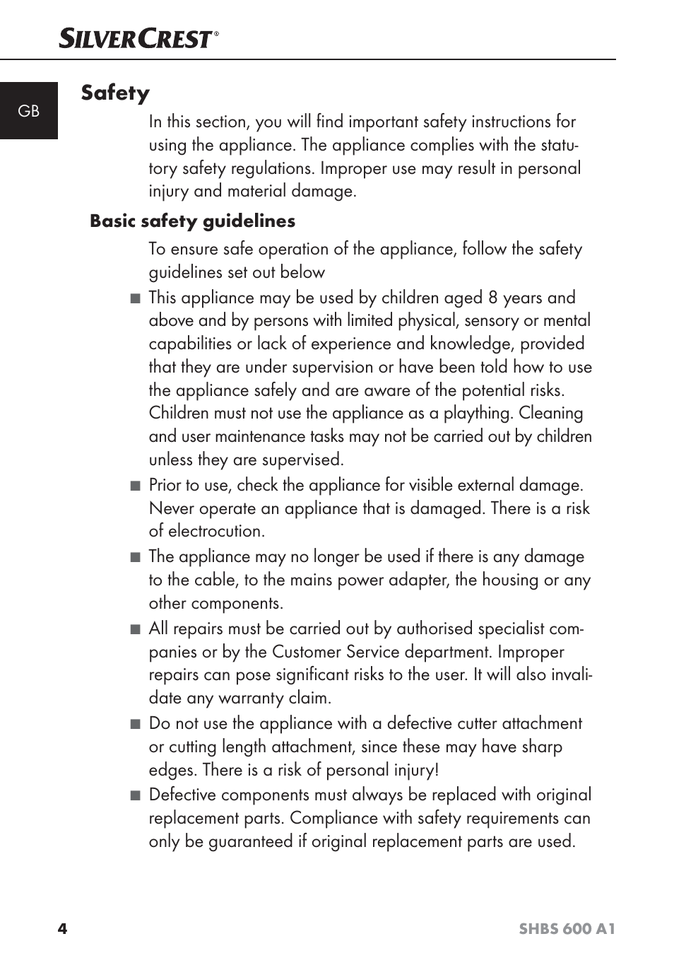 Safety | Silvercrest SHBS 600 A1 User Manual | Page 7 / 102