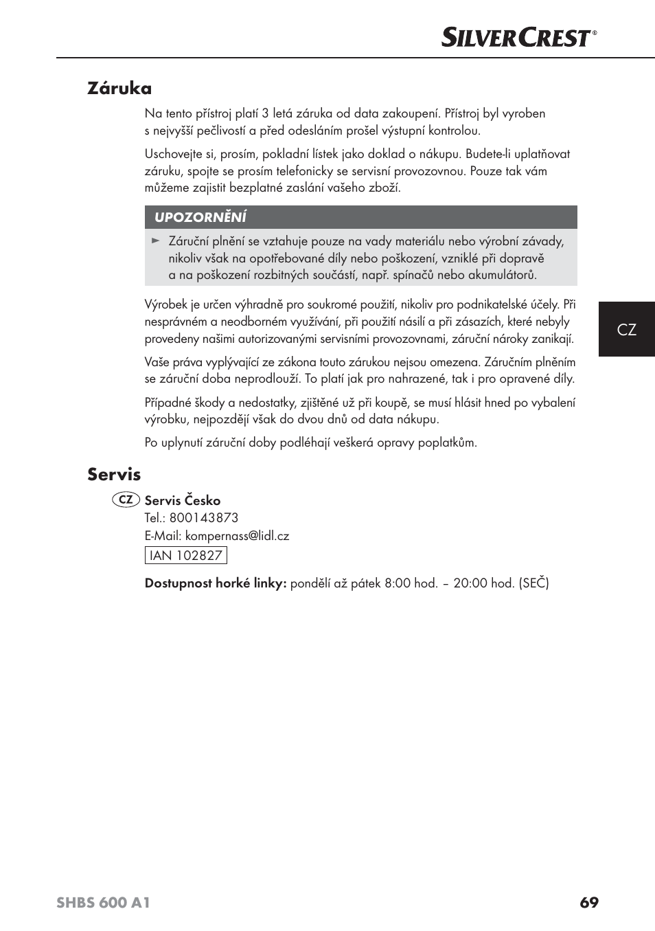 Záruka, Servis | Silvercrest SHBS 600 A1 User Manual | Page 72 / 102