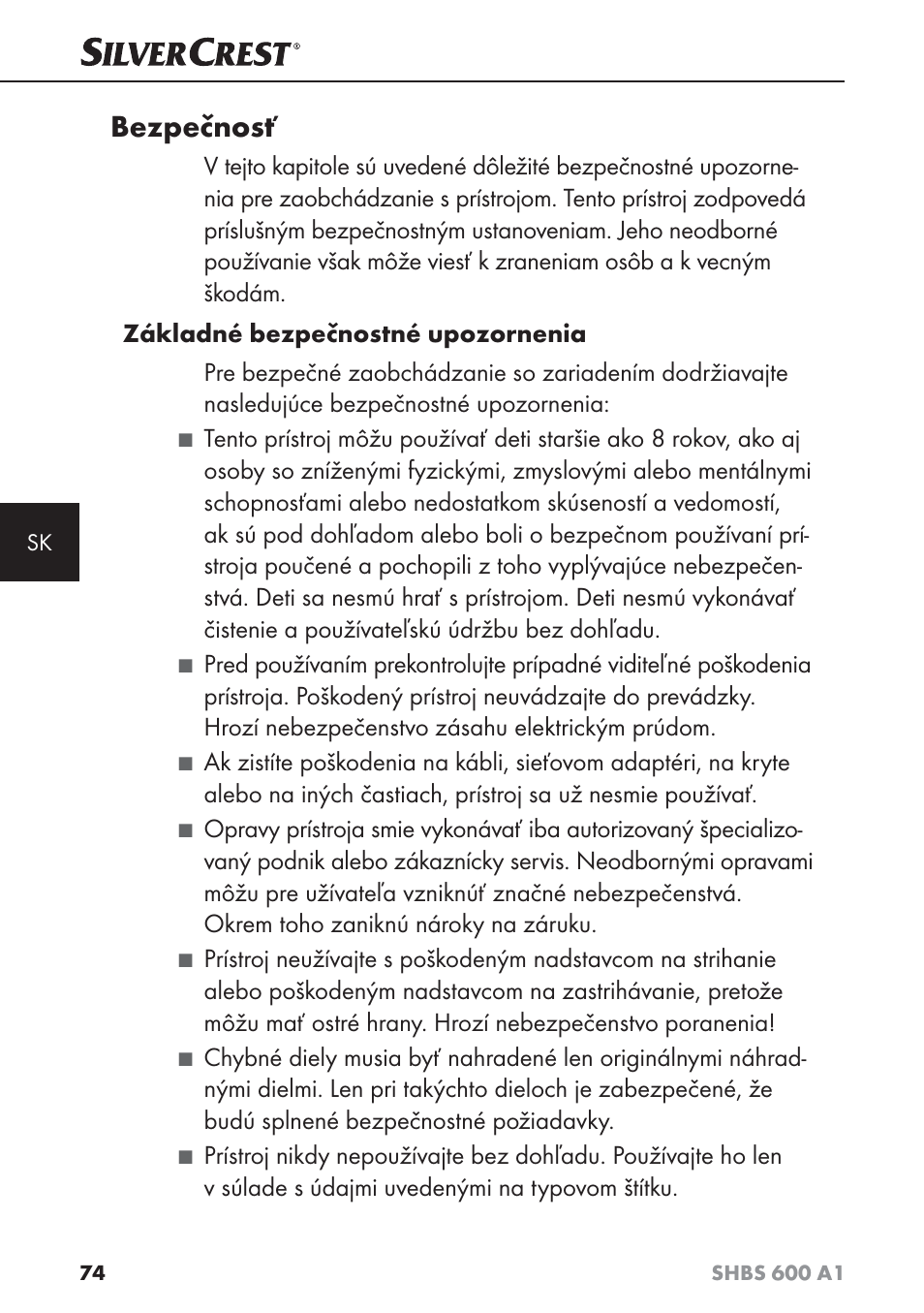 Bezpečnosť | Silvercrest SHBS 600 A1 User Manual | Page 77 / 102