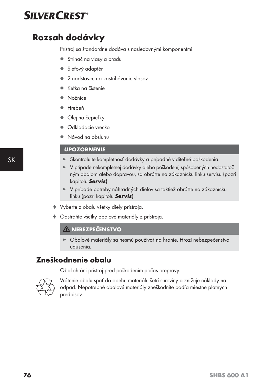 Rozsah dodávky, Zneškodnenie obalu | Silvercrest SHBS 600 A1 User Manual | Page 79 / 102