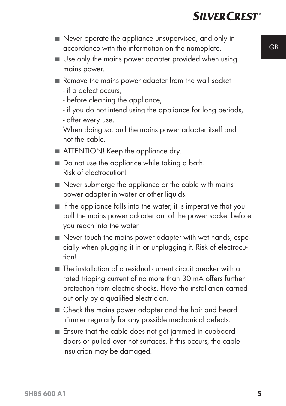 Attention! keep the appliance dry | Silvercrest SHBS 600 A1 User Manual | Page 8 / 102