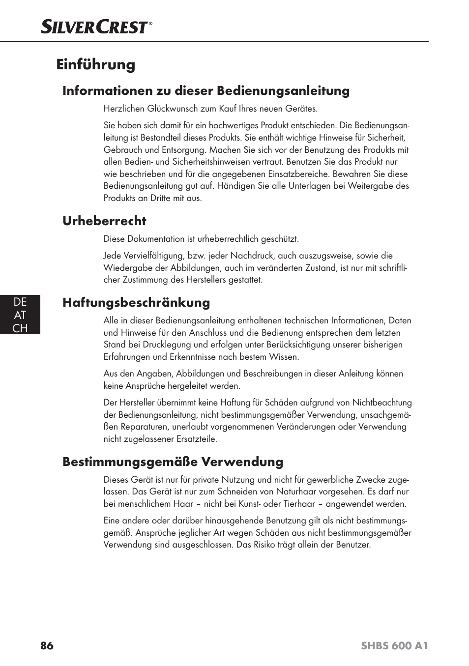 Einführung, Informationen zu dieser bedienungsanleitung, Urheberrecht | Haftungsbeschränkung, Bestimmungsgemäße verwendung | Silvercrest SHBS 600 A1 User Manual | Page 89 / 102