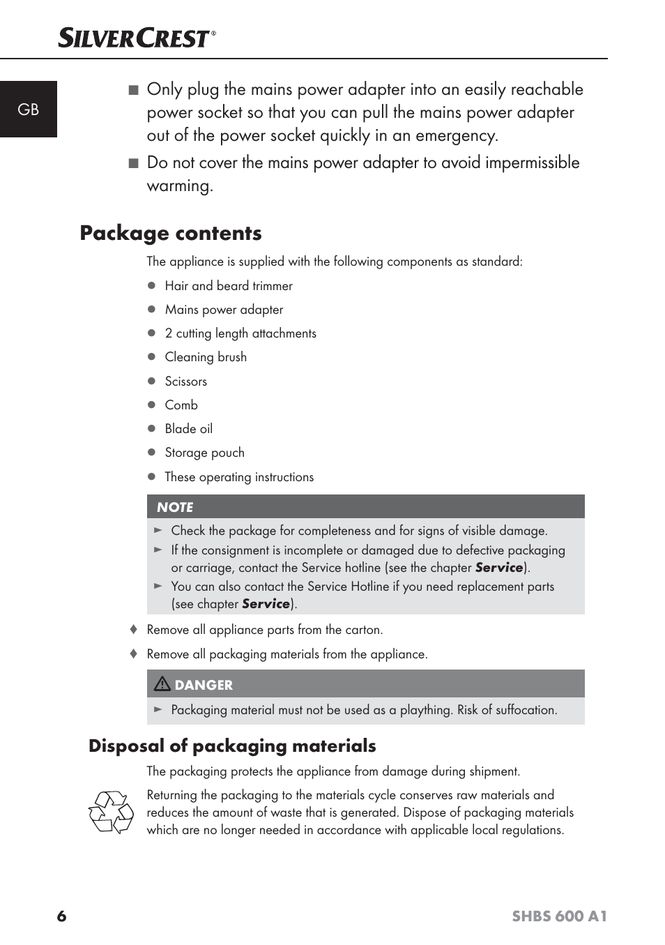 Package contents, Disposal of packaging materials | Silvercrest SHBS 600 A1 User Manual | Page 9 / 102