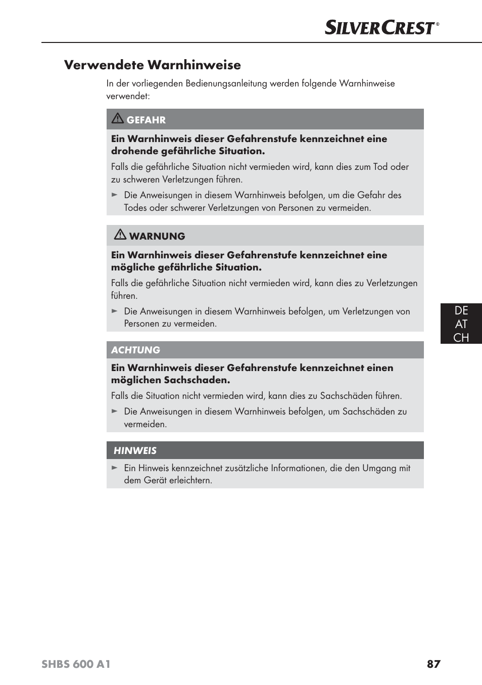 Verwendete warnhinweise, De at ch | Silvercrest SHBS 600 A1 User Manual | Page 90 / 102
