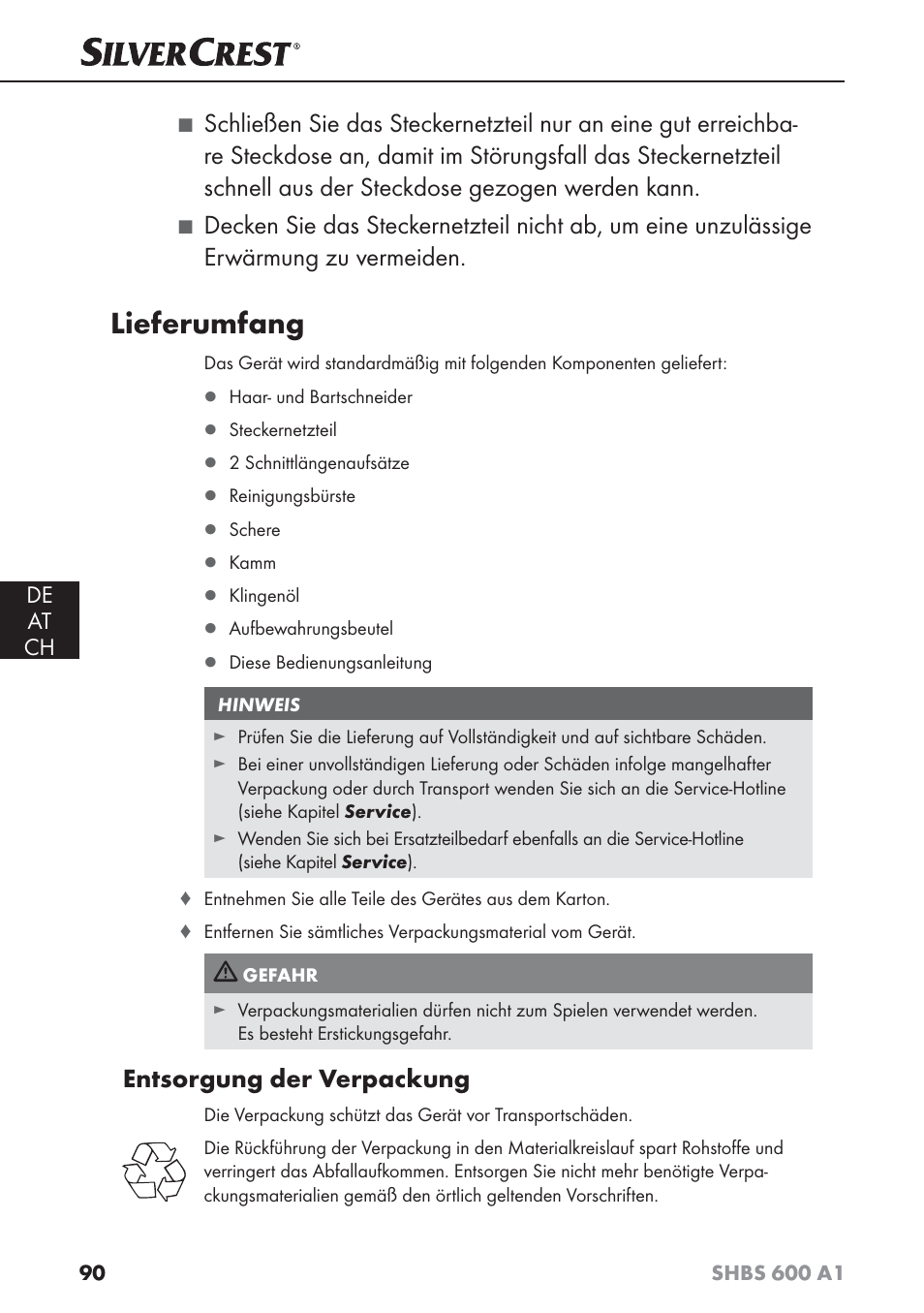 Lieferumfang, Entsorgung der verpackung, De at ch | Silvercrest SHBS 600 A1 User Manual | Page 93 / 102