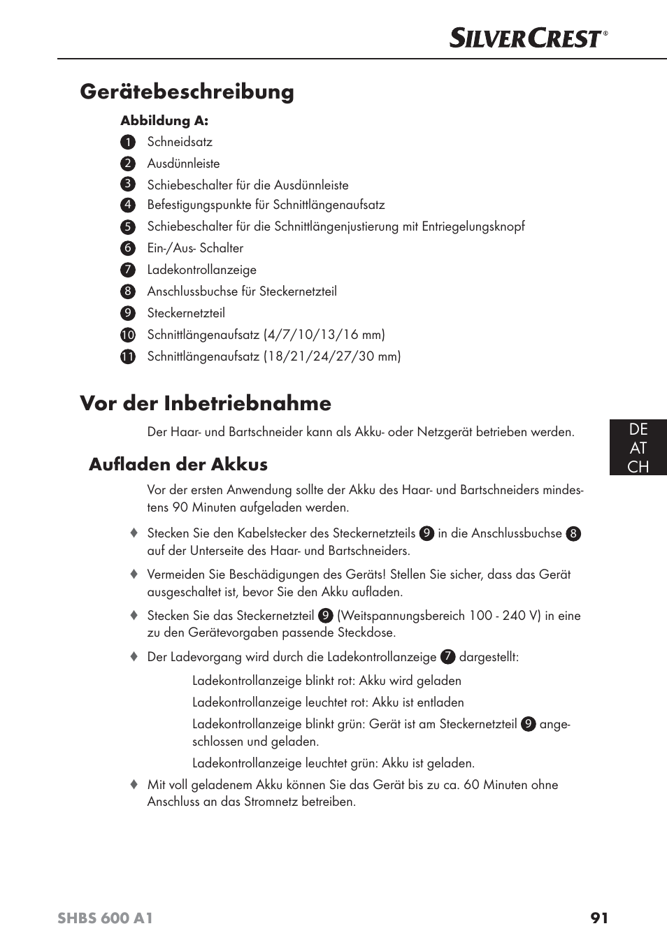 Gerätebeschreibung, Vor der inbetriebnahme, Auﬂ aden der akkus | De at ch | Silvercrest SHBS 600 A1 User Manual | Page 94 / 102