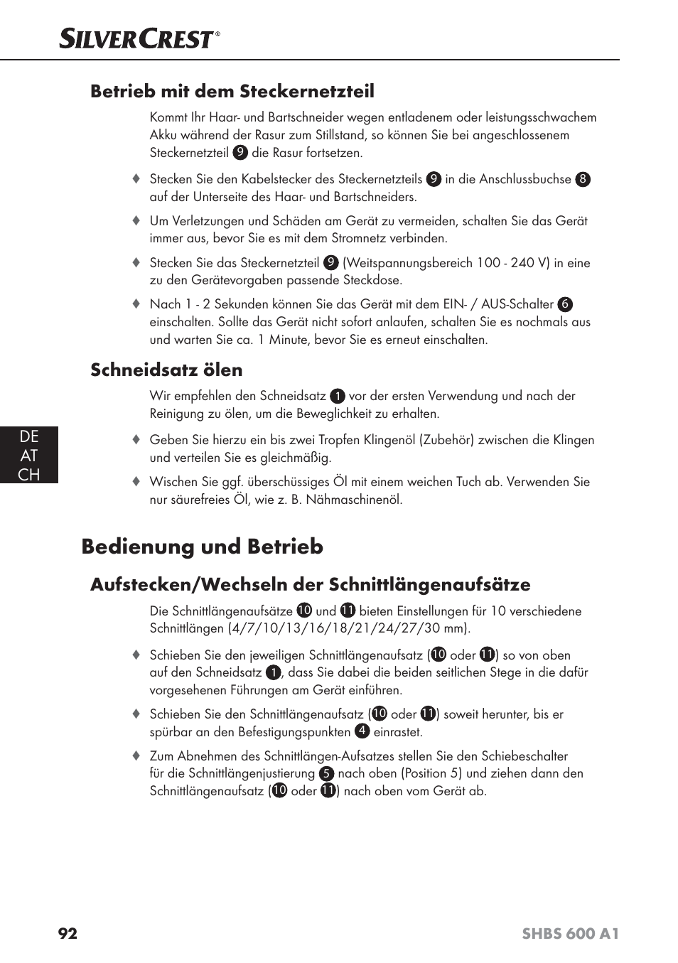 Bedienung und betrieb, Betrieb mit dem steckernetzteil, Schneidsatz ölen | Aufstecken/wechseln der schnittlängenaufsätze, De at ch | Silvercrest SHBS 600 A1 User Manual | Page 95 / 102