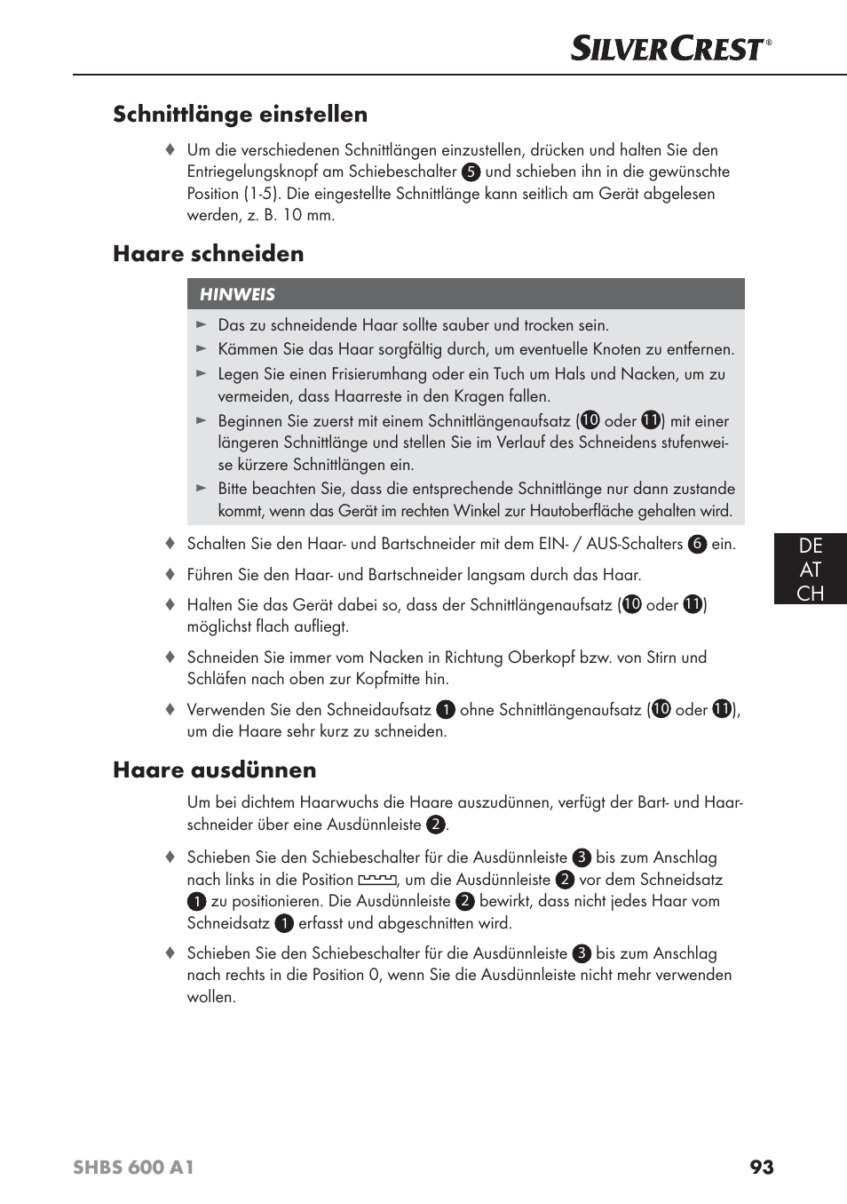 Schnittlänge einstellen, Haare schneiden, Haare ausdünnen | De at ch | Silvercrest SHBS 600 A1 User Manual | Page 96 / 102