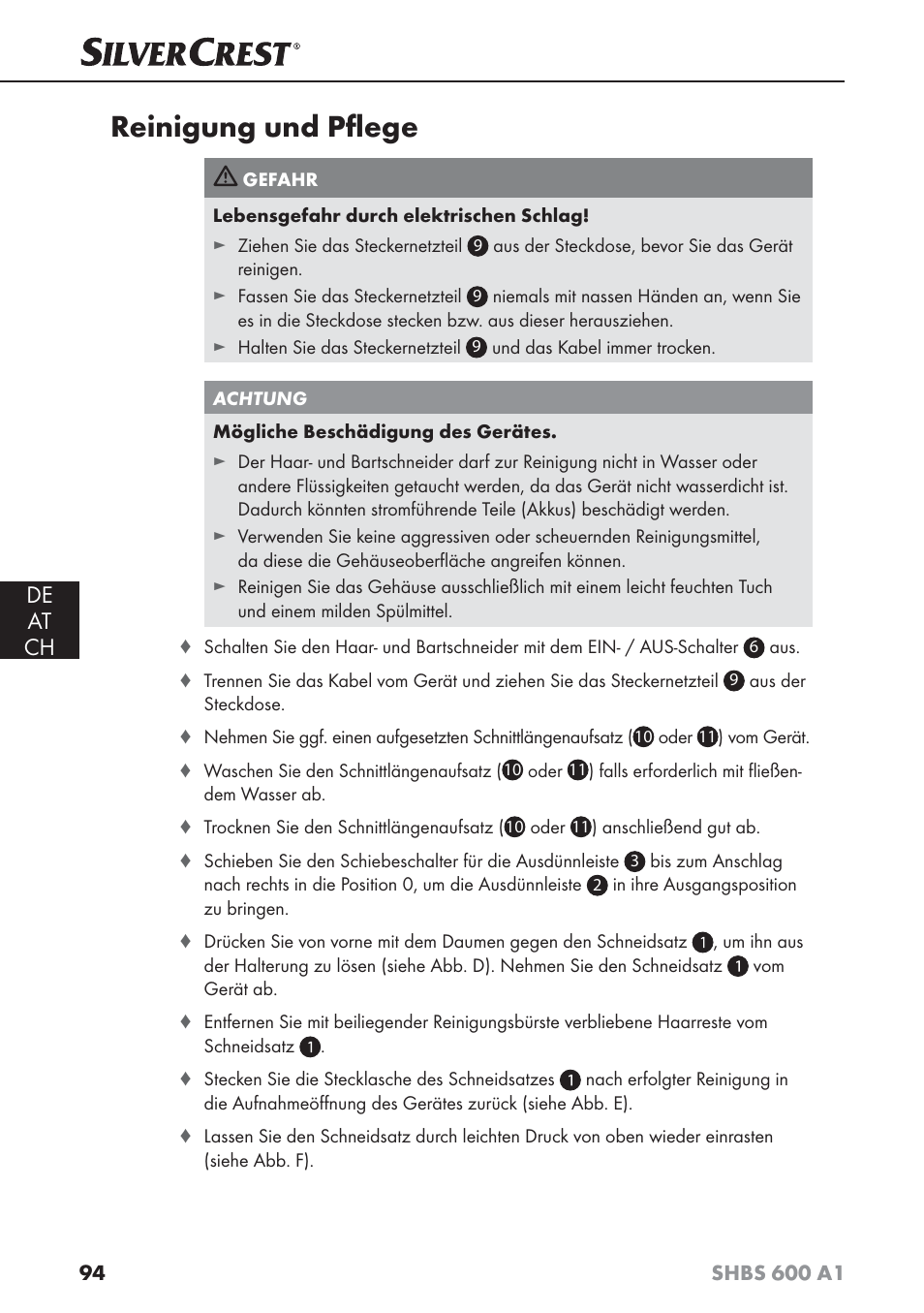 Reinigung und pﬂ ege, De at ch | Silvercrest SHBS 600 A1 User Manual | Page 97 / 102