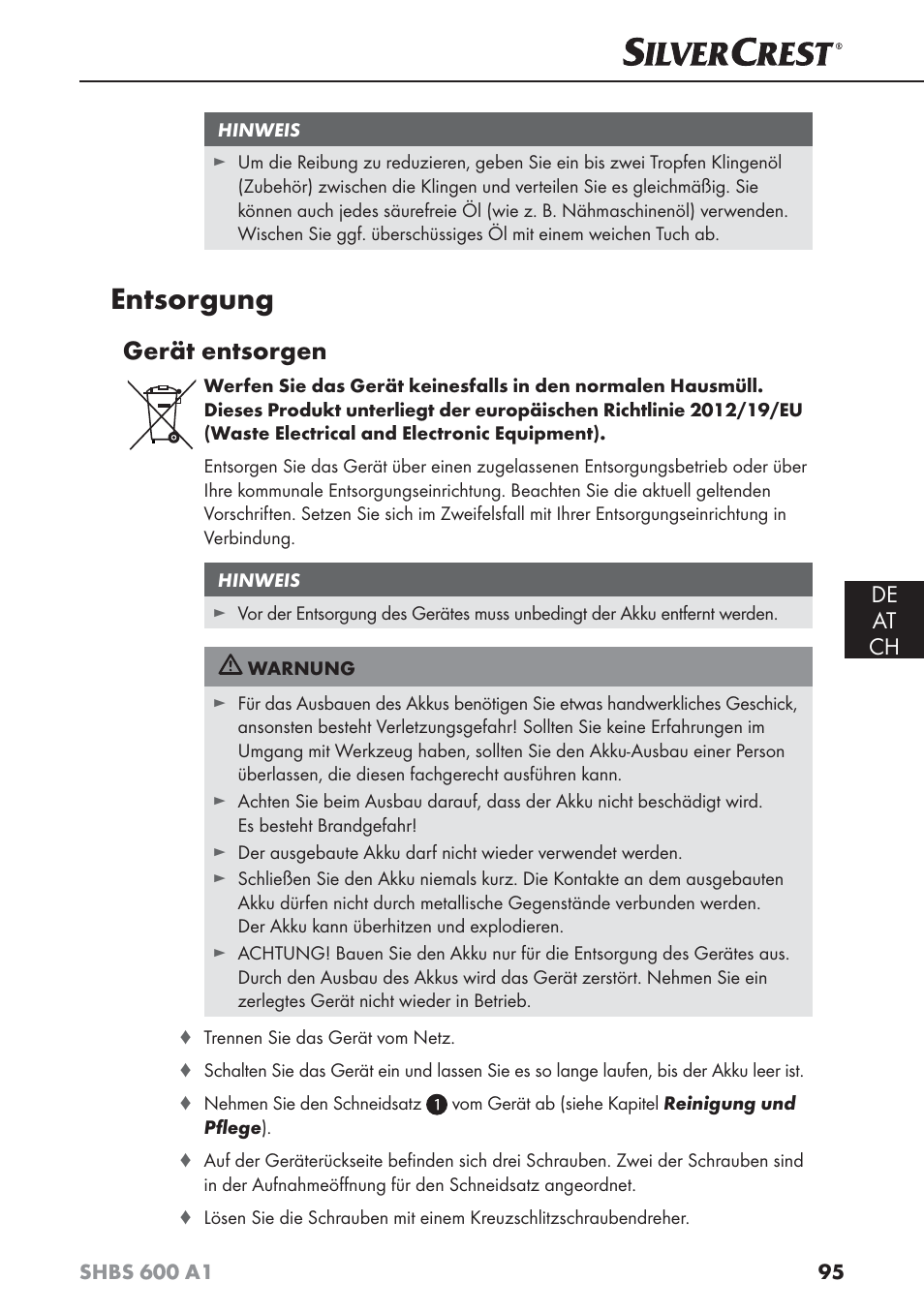 Entsorgung, Gerät entsorgen, De at ch | Silvercrest SHBS 600 A1 User Manual | Page 98 / 102