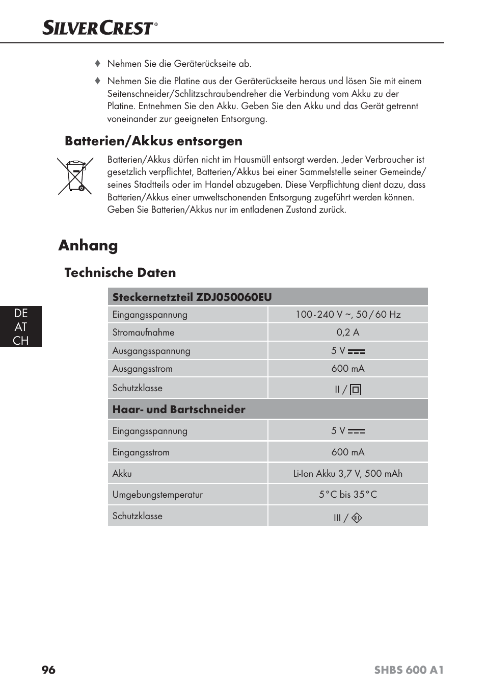 Anhang, Batterien/akkus entsorgen, Technische daten | De at ch | Silvercrest SHBS 600 A1 User Manual | Page 99 / 102