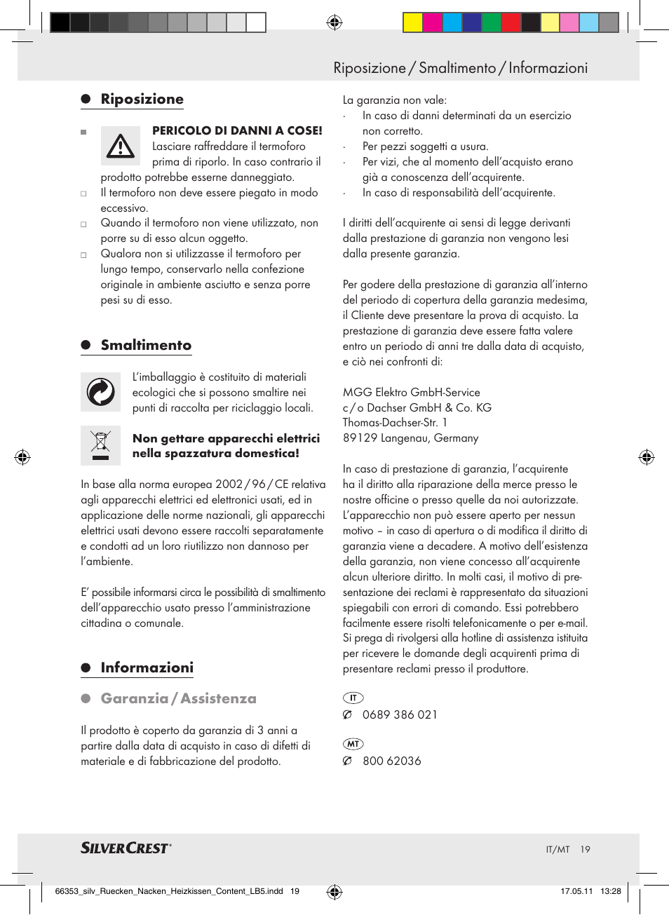 Riposizione / smaltimento / informazioni, Riposizione, Smaltimento | Informazioni garanzia / assistenza | Silvercrest Back & Neck Heat Pad User Manual | Page 15 / 40