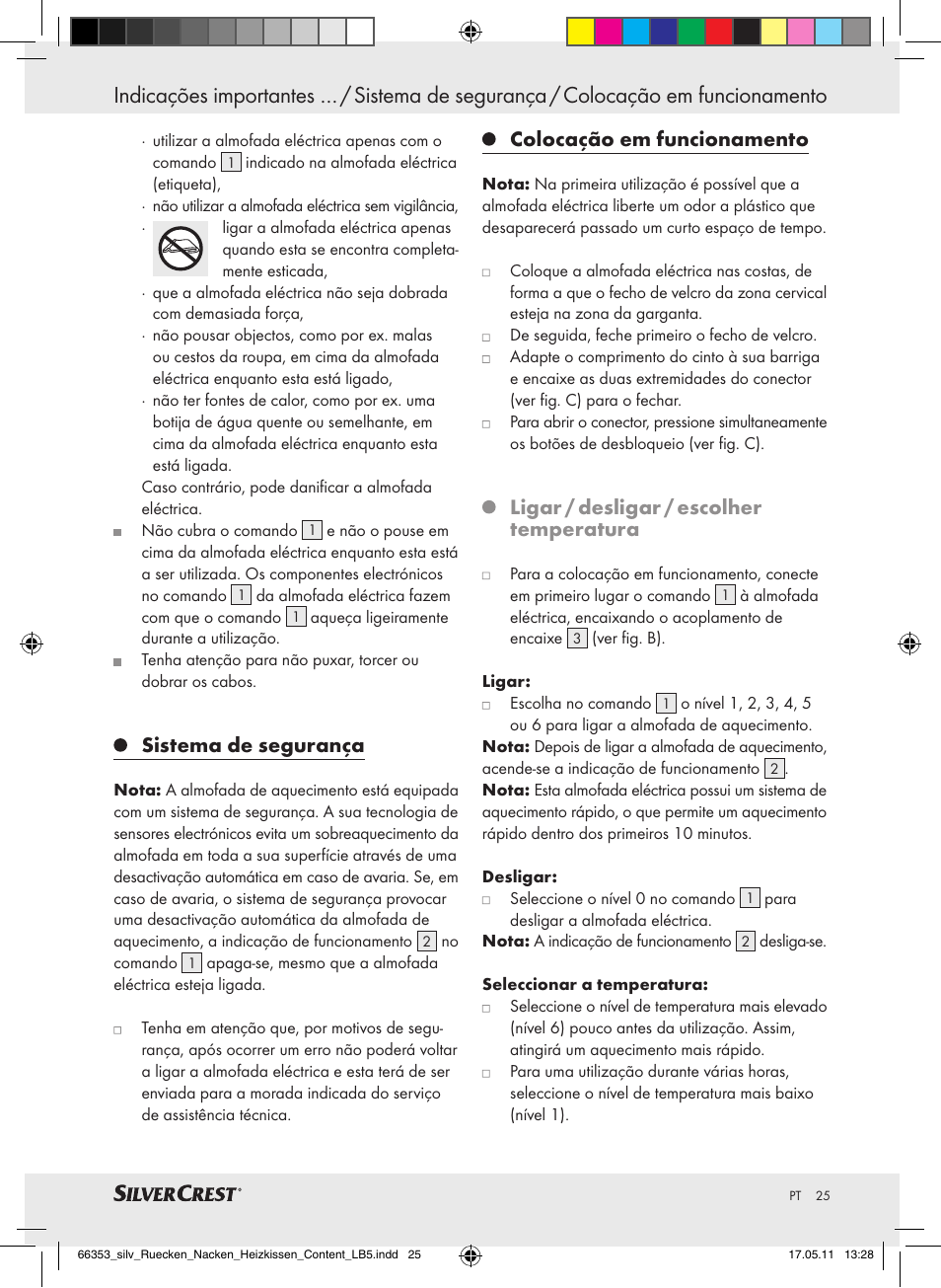 Sistema de segurança, Colocação em funcionamento, Ligar / desligar / escolher temperatura | Silvercrest Back & Neck Heat Pad User Manual | Page 21 / 40