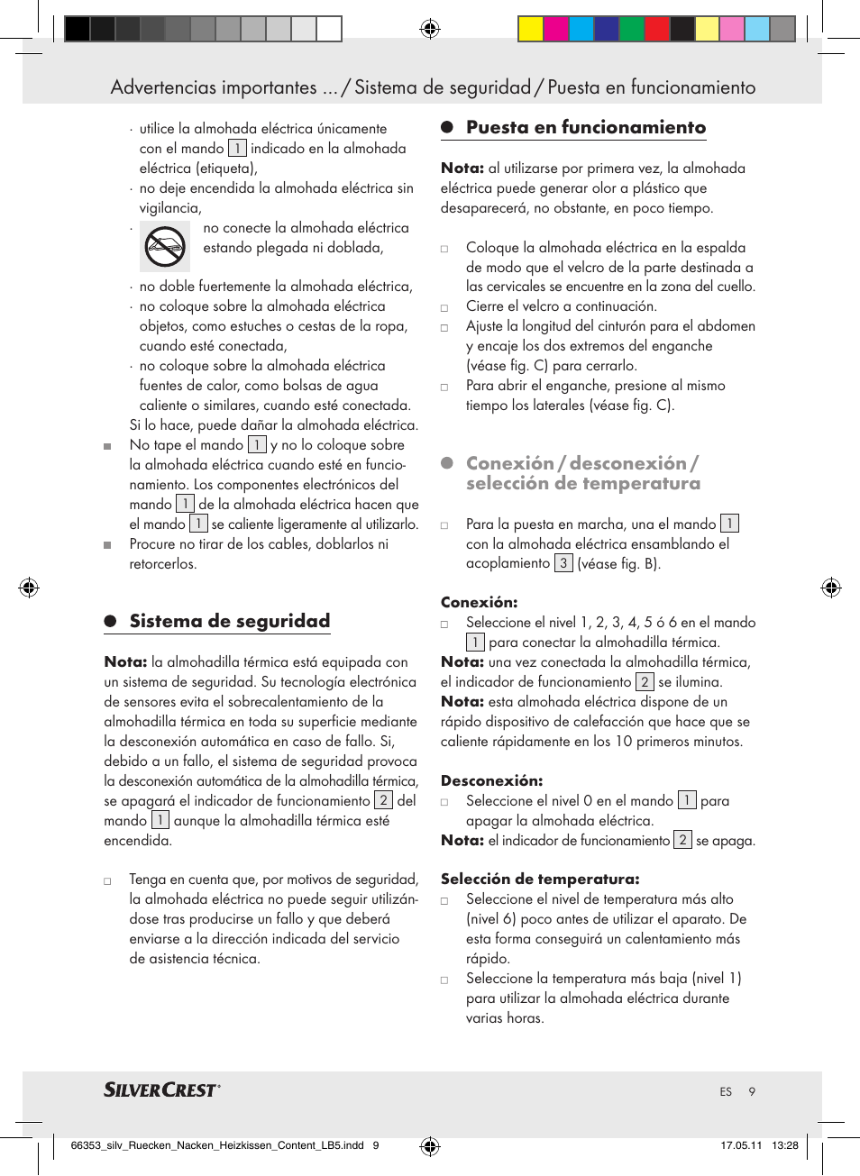 Sistema de seguridad, Puesta en funcionamiento, Conexión / desconexión / selección de temperatura | Silvercrest Back & Neck Heat Pad User Manual | Page 5 / 40