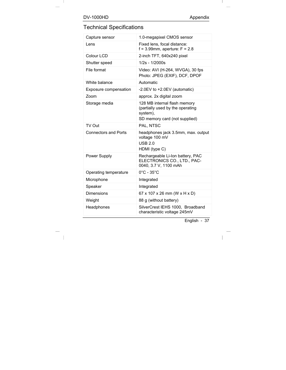 Technical specifications | Silvercrest DV-1000HD User Manual | Page 39 / 44