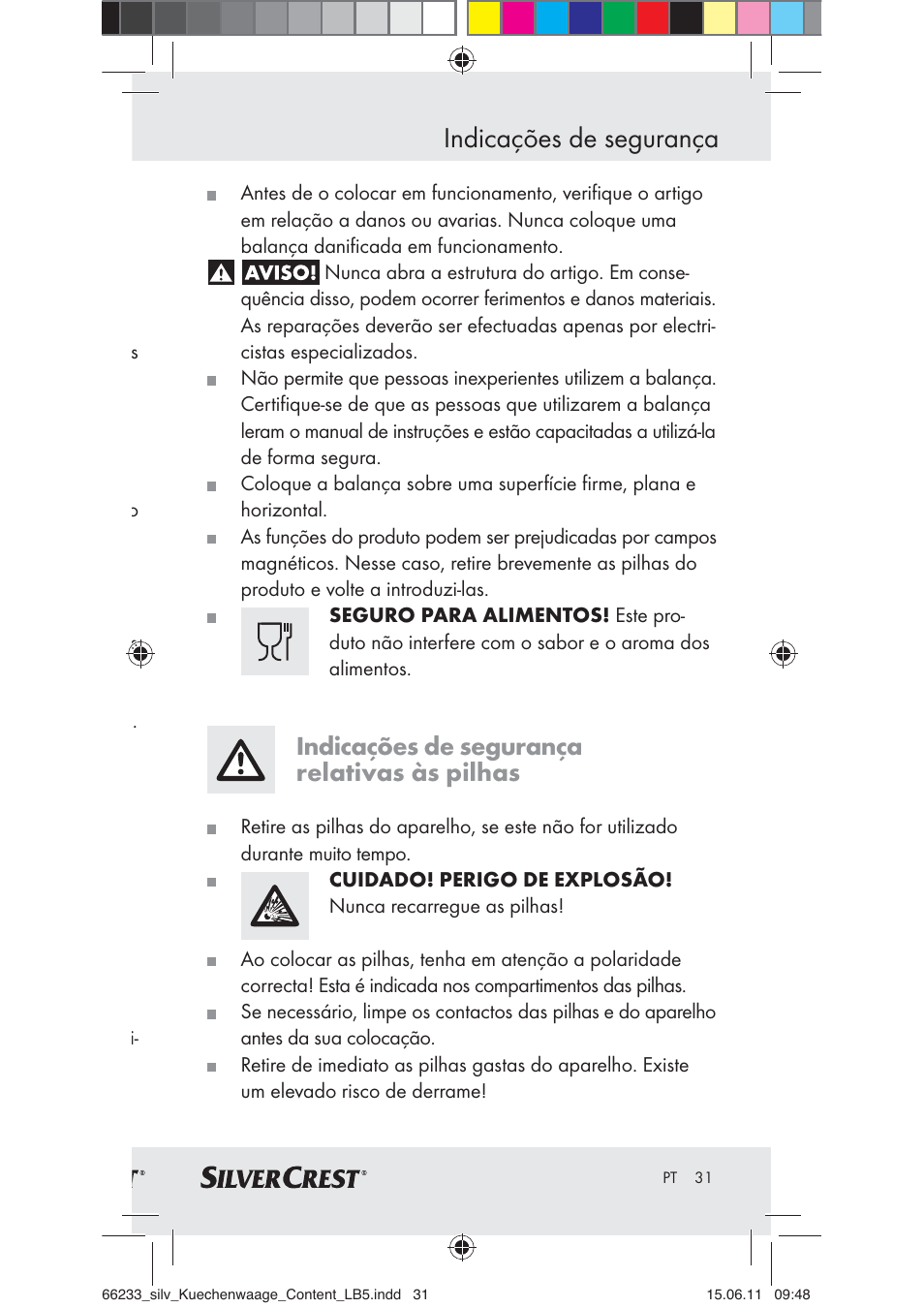 Indicações de segurança, Indicações de segurança relativas às pilhas | Silvercrest Z30441A User Manual | Page 29 / 58