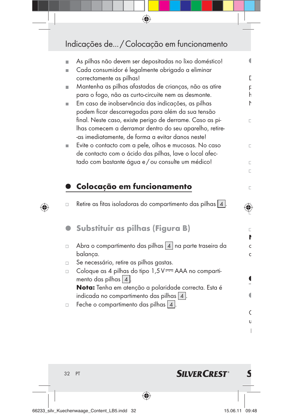 Indicações de... / colocação em funcionamento, Colocação em funcionamento, Substituir as pilhas (figura b) | Silvercrest Z30441A User Manual | Page 30 / 58
