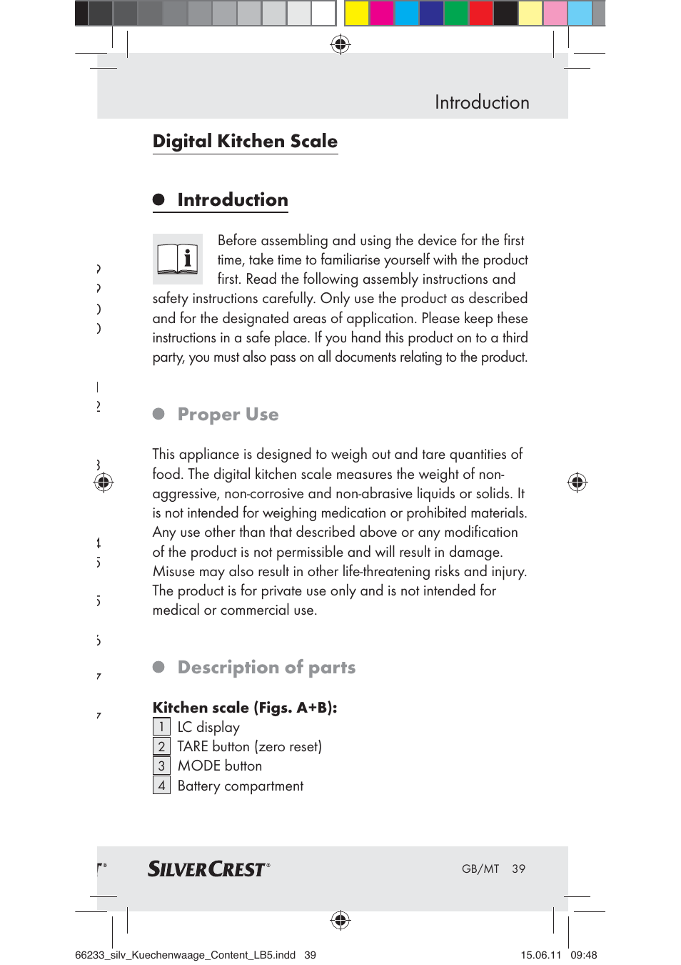 Introduction, Digital kitchen scale introduction, Proper use | Description of parts | Silvercrest Z30441A User Manual | Page 37 / 58