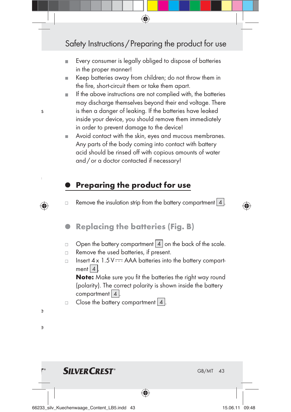 Preparing the product for use, Replacing the batteries (fig. b) | Silvercrest Z30441A User Manual | Page 41 / 58