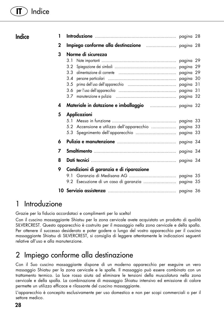 1 introduzione, 2 impiego conforme alla destinazione, Indice | Silvercrest SHIATSU NECK MASSAGE CUSHION User Manual | Page 32 / 42