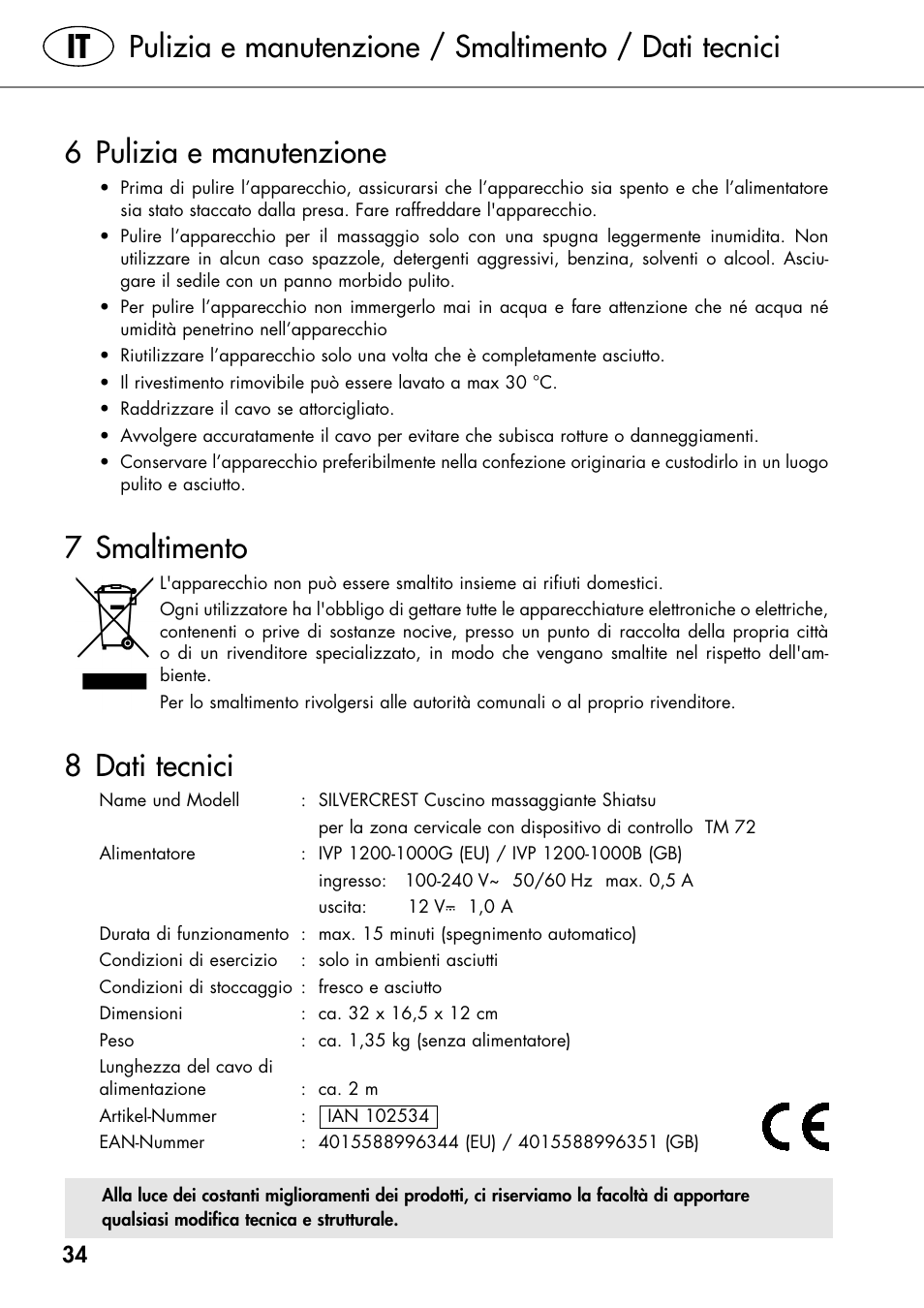 6 pulizia e manutenzione, 7 smaltimento, 8 dati tecnici | Silvercrest SHIATSU NECK MASSAGE CUSHION User Manual | Page 38 / 42