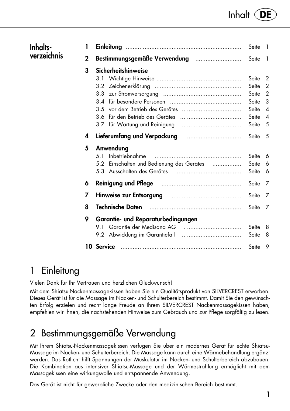 1 einleitung, 2 bestimmungsgemäße verwendung, Inhalt | Inhalts- verzeichnis | Silvercrest SHIATSU NECK MASSAGE CUSHION User Manual | Page 5 / 42