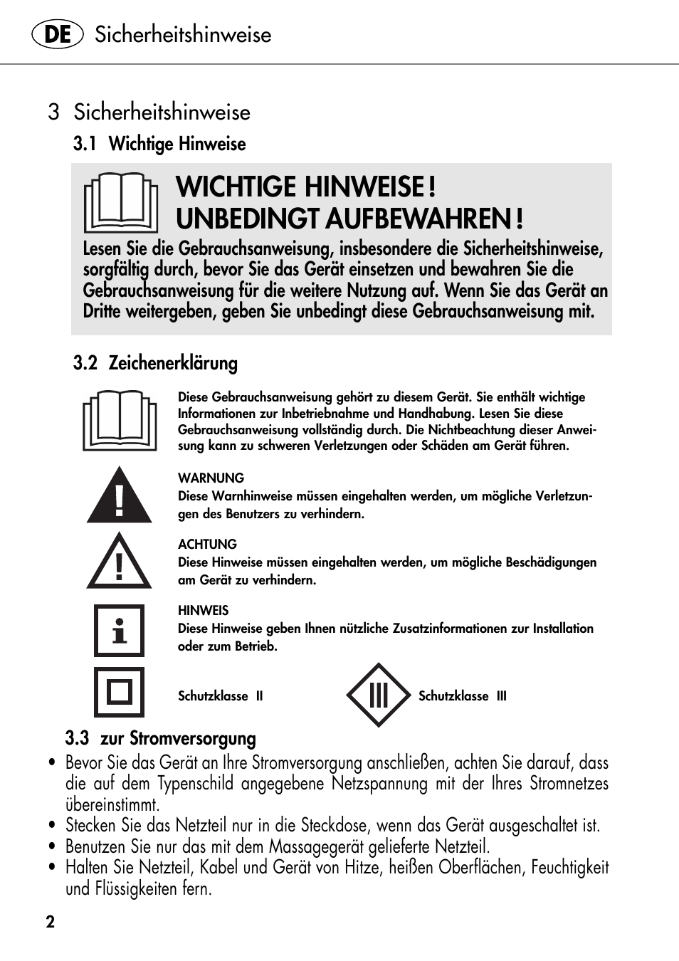 Wichtige hinweise ! unbedingt aufbewahren, Sicherheitshinweise, 3 sicherheitshinweise | Silvercrest SHIATSU NECK MASSAGE CUSHION User Manual | Page 6 / 42